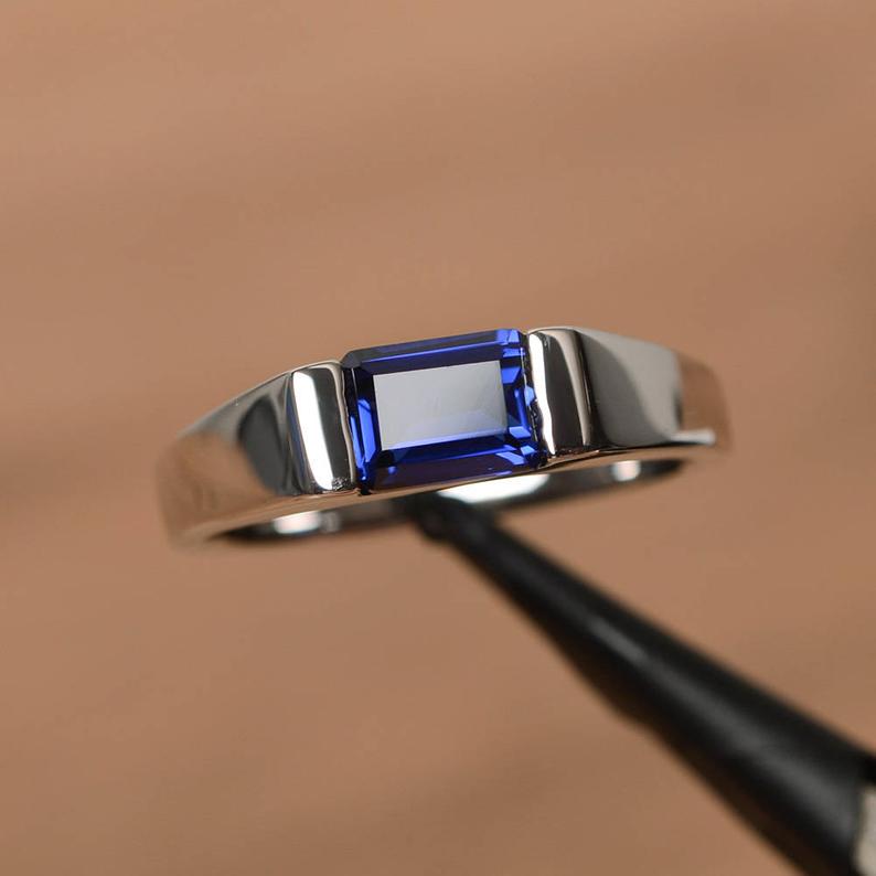 1 Ct Emerald Cut Blue Sapphire Solitaire Engagement Ring In 925 Sterling Silver