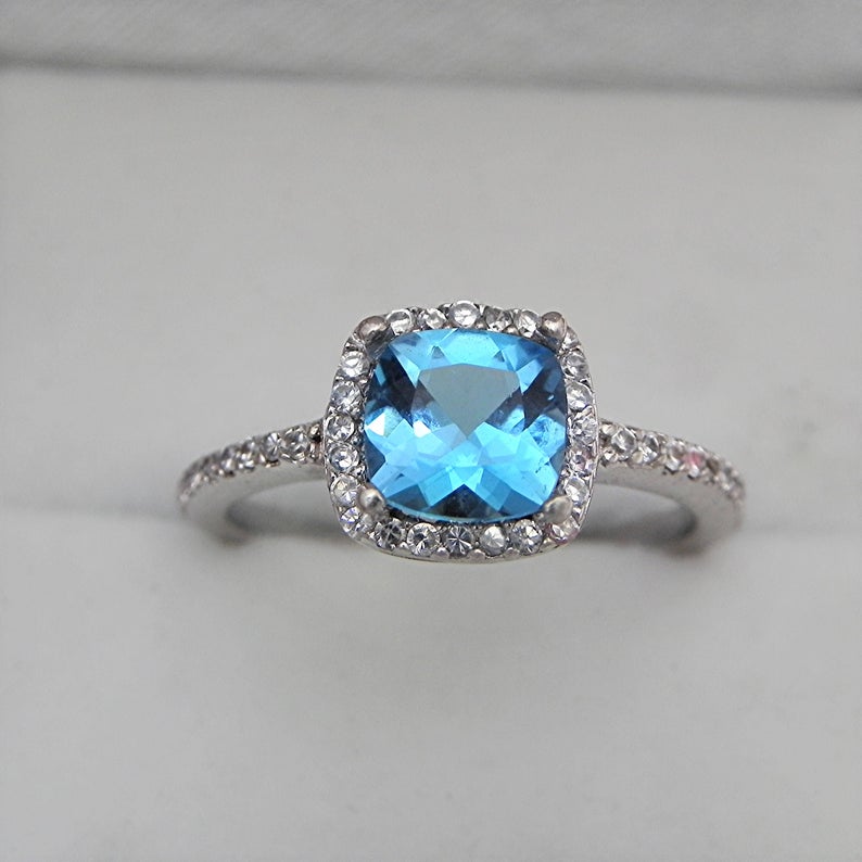 1 CT Cushion Cut London Blue Topaz Diamond 925 Sterling Silver Halo Anniversary ring