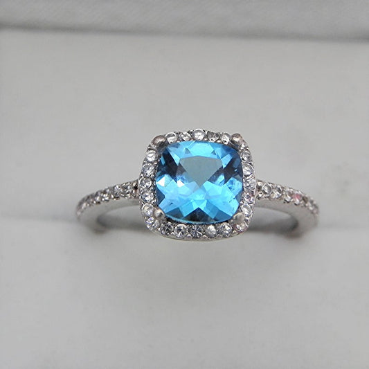 1 CT Cushion Cut London Blue Topaz Diamond 925 Sterling Silver Halo Anniversary ring