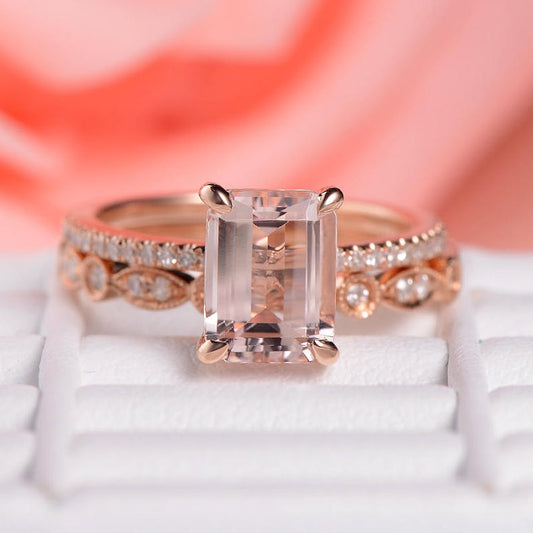 1 CT Emerald Cut Morganite Diamond Rose Gold Over On 925 Sterling Silver Bridal Ring Set