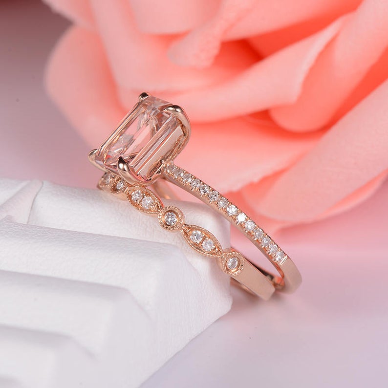 1 CT Emerald Cut Morganite Diamond Rose Gold Over On 925 Sterling Silver Bridal Ring Set