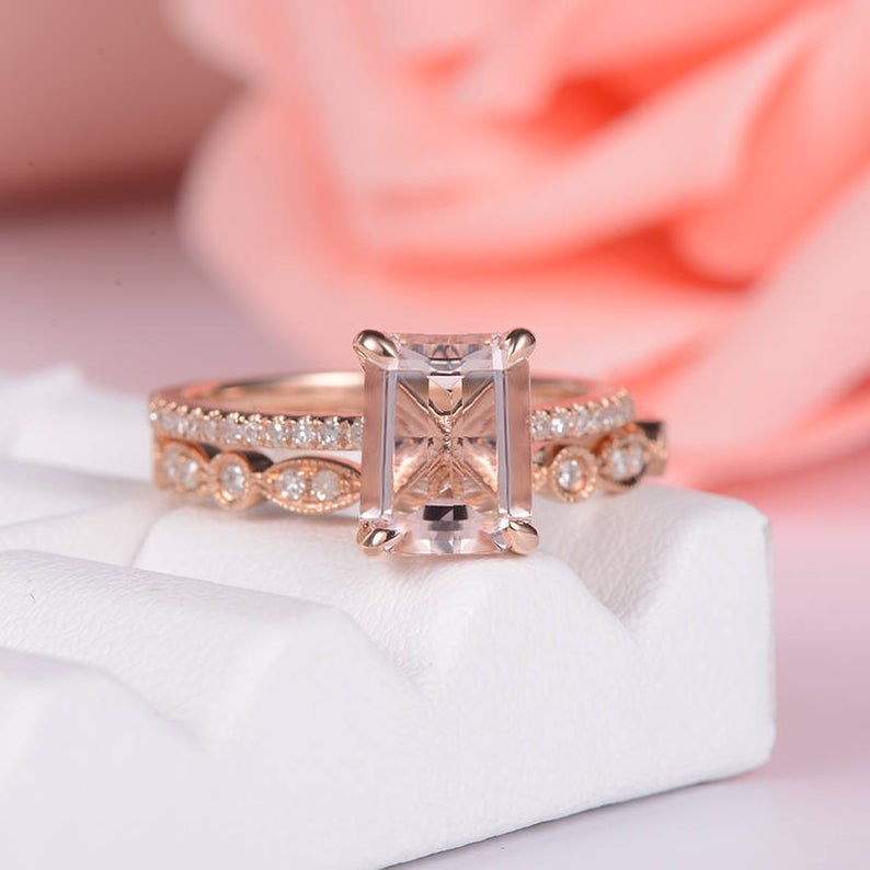 1 CT Emerald Cut Morganite Diamond Rose Gold Over On 925 Sterling Silver Bridal Ring Set