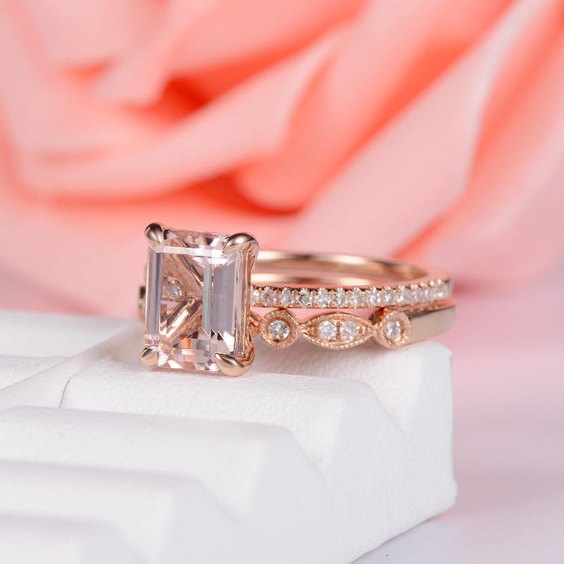 1 CT Emerald Cut Morganite Diamond Rose Gold Over On 925 Sterling Silver Bridal Ring Set