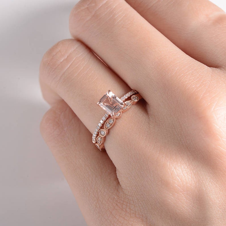1 CT Emerald Cut Morganite Diamond Rose Gold Over On 925 Sterling Silver Bridal Ring Set