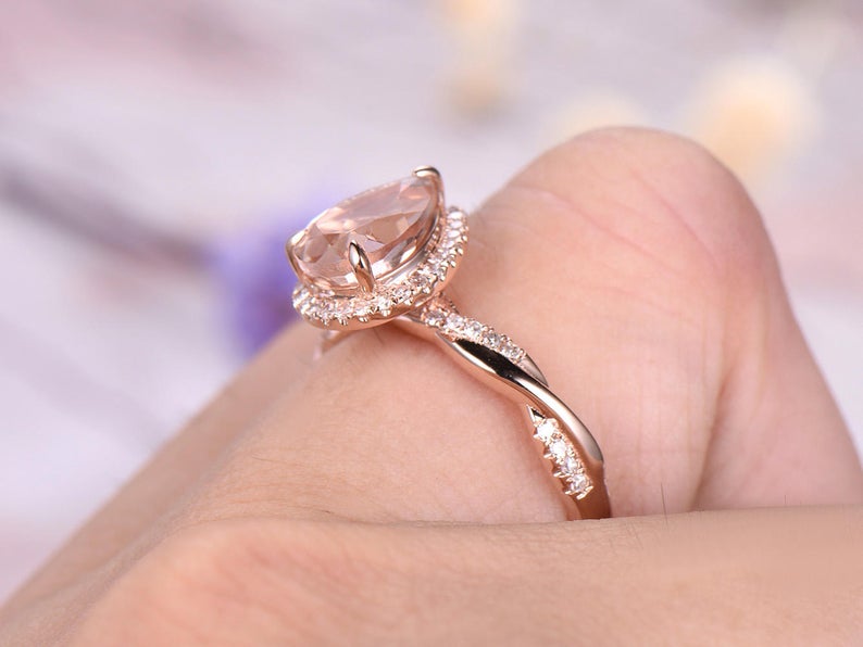 1 CT Pear Cut Morganite Diamond Rose Gold Over On 925 Sterling Silver Halo Infinity Wedding Ring