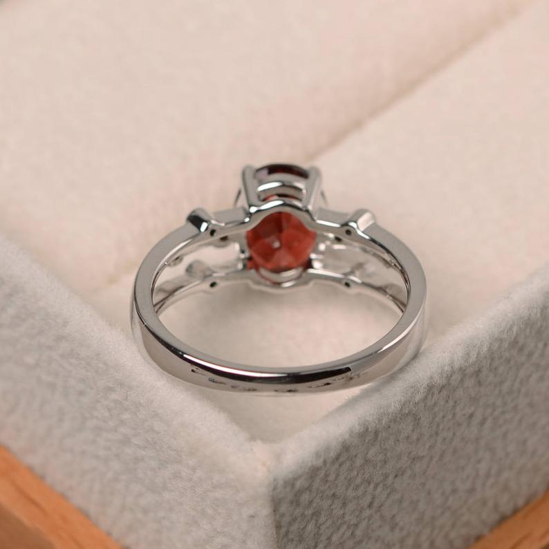 1.75 Ct Oval Cut Red Garnet & Round Black CZ Unique Anniversary Gift Ring In 925 Sterling Silver
