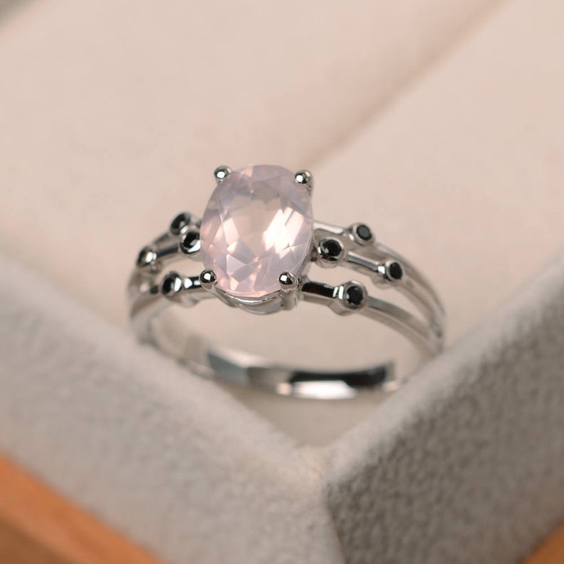 2.75 Ct Oval Cut Rose Quartz & Round Black Diamond Solitaire W/Accents Ring