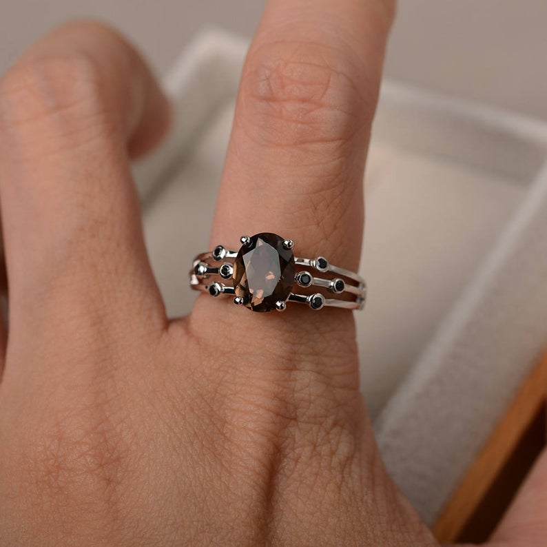 2.70 Ct Oval Cut Smoky Quartz 925 sterling Silver Solitaire W/Accents Anniversary Gift Ring
