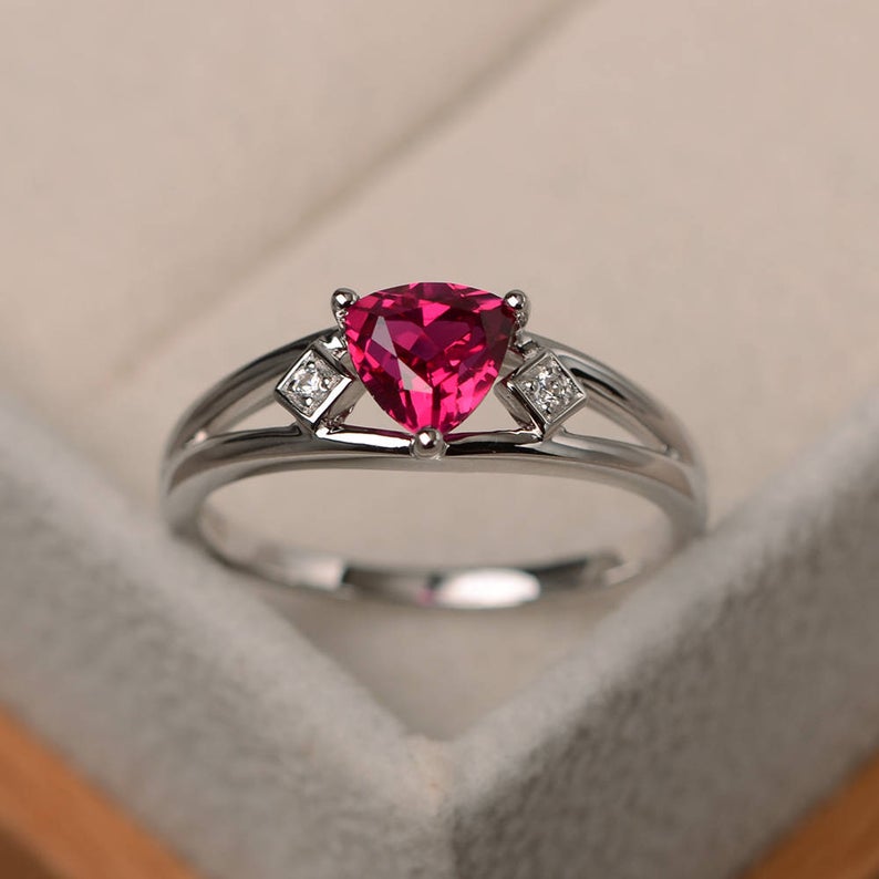 1.20 Ct Trillion Cut Red Ruby & White CZ Three-Stone Promise Ring In 925 Sterling Silver