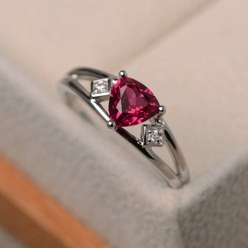1.20 Ct Trillion Cut Red Ruby & White CZ Three-Stone Promise Ring In 925 Sterling Silver