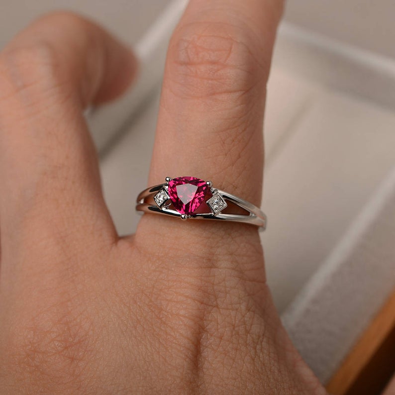 1.20 Ct Trillion Cut Red Ruby & White CZ Three-Stone Promise Ring In 925 Sterling Silver