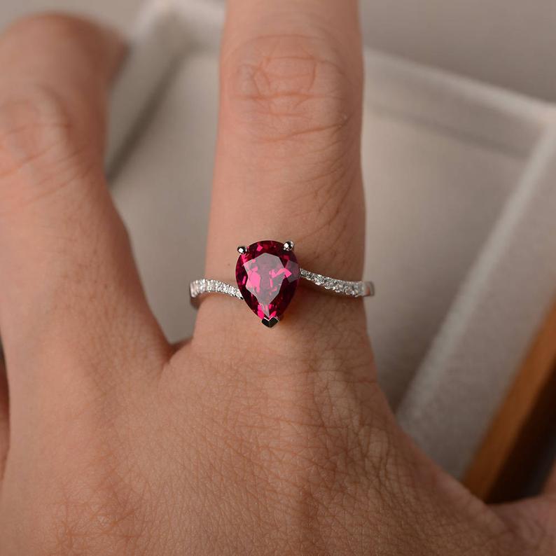 1.25 Ct Pear Cut Red Ruby Solitaire W/Accents Pretty Engagement Ring In 925 Sterling Silver