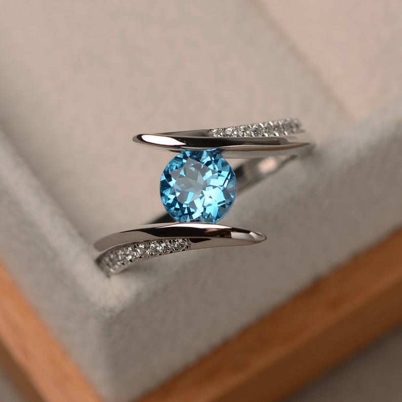 1.20 Ct Round Cut Blue Topaz 925 Sterling Silver Bypass Promise Gift Ring In 925 Sterling Silver - atjewels.in
