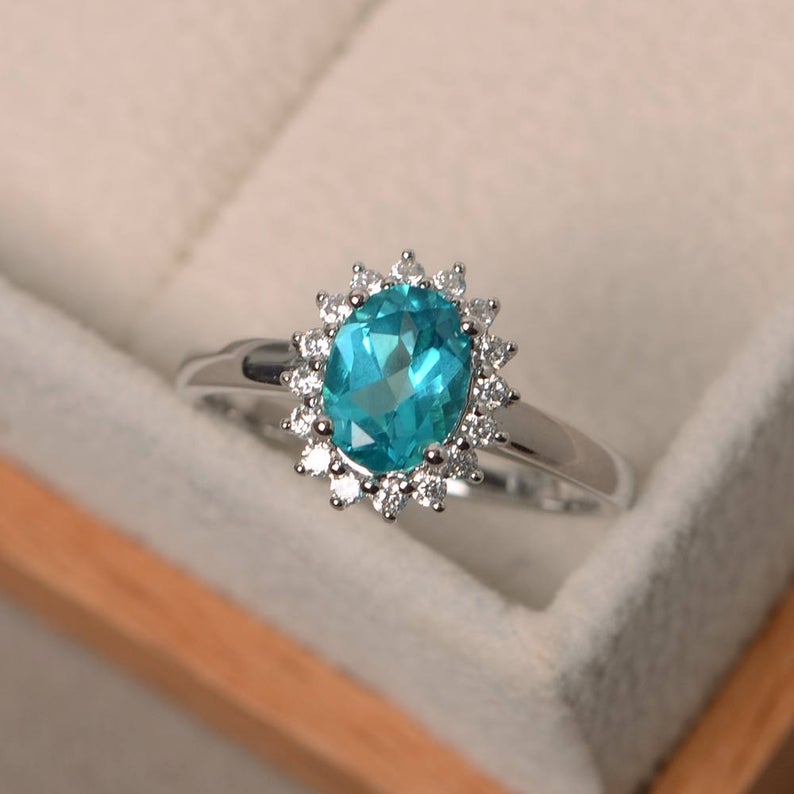 1.50 Ct Oval Cut Blue Topaz & Round CZ 925 Sterling Silver Halo Anniversary Gift Ring