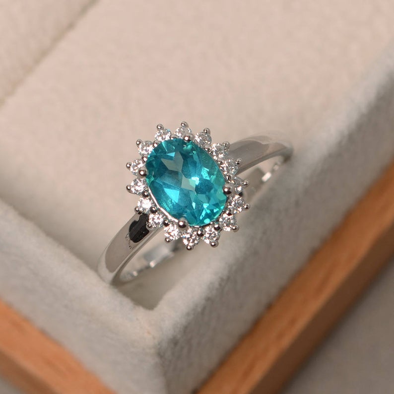 1.50 Ct Oval Cut Blue Topaz & Round CZ 925 Sterling Silver Halo Anniversary Gift Ring