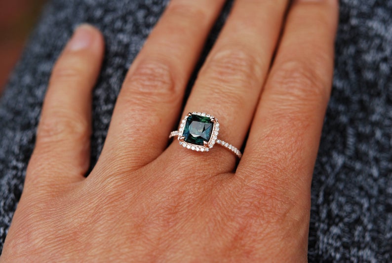 1 CT Cushion Cut Green Sapphire Diamond Rose Gold Over On 925 Sterling Silver Halo Engagement Ring