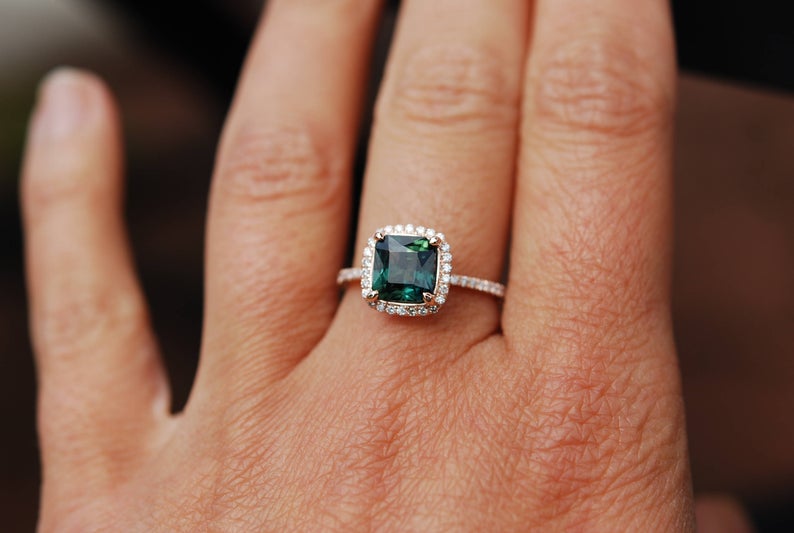 1 CT Cushion Cut Green Sapphire Diamond Rose Gold Over On 925 Sterling Silver Halo Engagement Ring