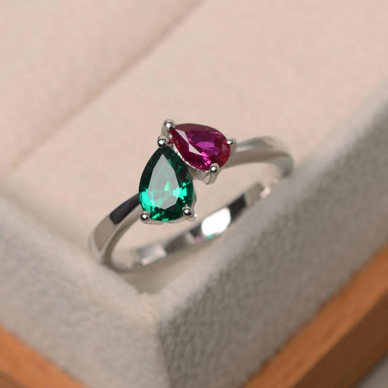 2 Ct Pear Cut Green Emerald & Red Ruby 925 Sterling Silver Two-Stone Gift Ring For Her