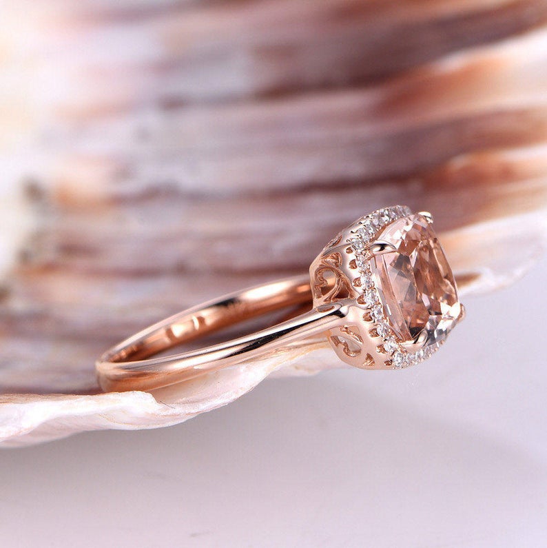 2 CT Cushion Morganite Diamond Rose Gold Over On 925 Sterling Silver Solitaire With Accents Engagement Ring