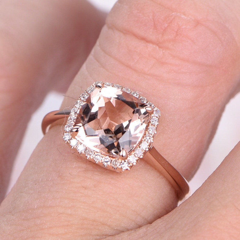 2 CT Cushion Morganite Diamond Rose Gold Over On 925 Sterling Silver Solitaire With Accents Engagement Ring
