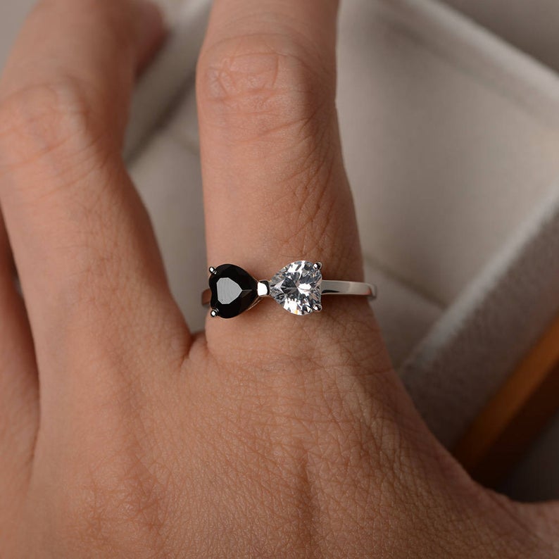 1.50 Ct Heart Cut Black & White Diamond Bow Style Promise Ring In 925 Sterling Silver