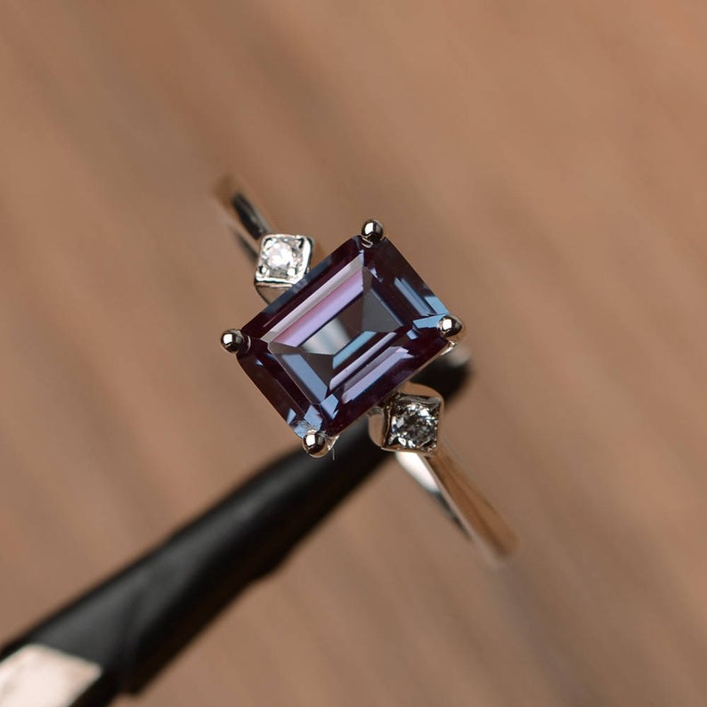 2 Ct Emerald Cut Alexandrite 925 Sterling Silver June Birthstone Engagement Ring