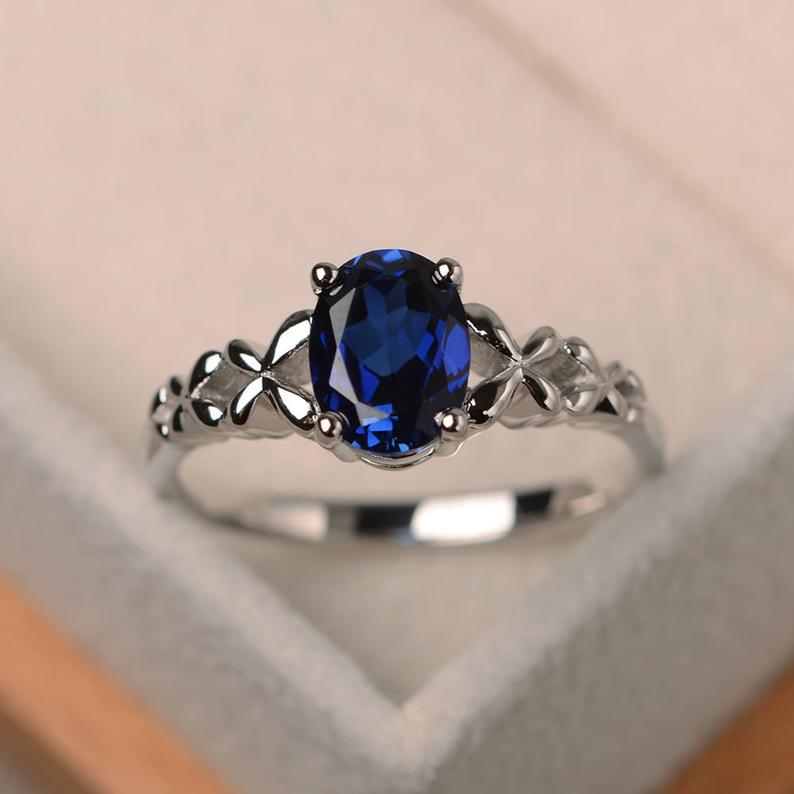 1 Ct Oval Cut Blue Sapphire 925 Sterling Silver Solitaire Butterfly Band Promise Ring