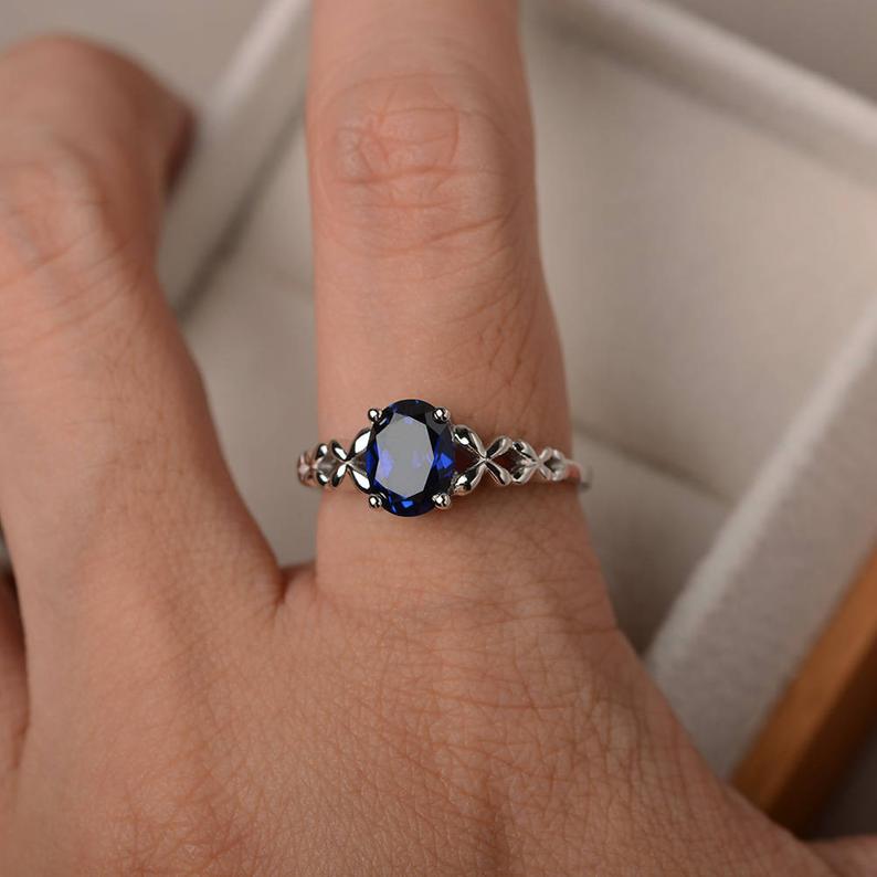 1 Ct Oval Cut Blue Sapphire 925 Sterling Silver Solitaire Butterfly Band Promise Ring