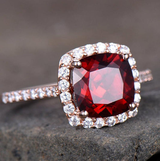 2 CT Cushion Cut Red Garnet Diamond Rose Gold Over On 925 Sterling Silver Halo Promise Ring
