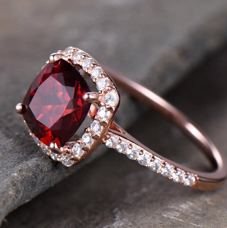 2 CT Cushion Cut Red Garnet Diamond Rose Gold Over On 925 Sterling Silver Halo Promise Ring