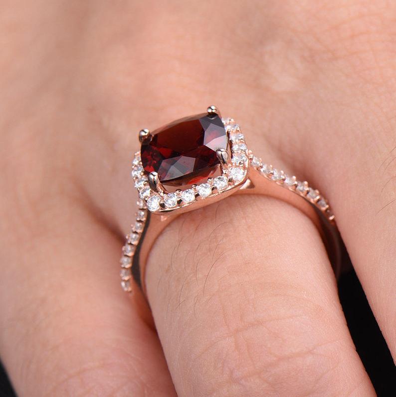 2 CT Cushion Cut Red Garnet Diamond Rose Gold Over On 925 Sterling Silver Halo Promise Ring