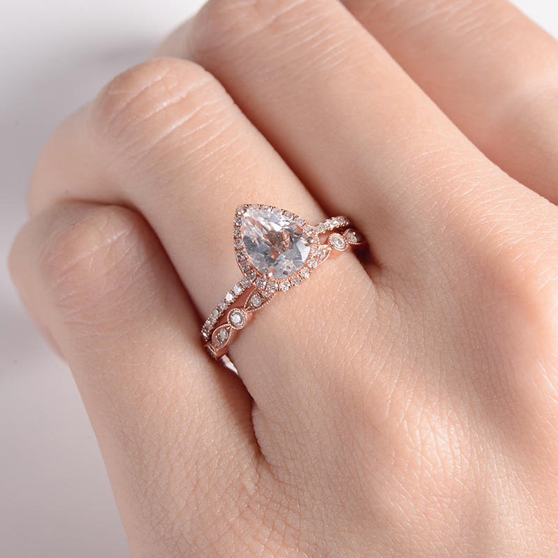 1 CT Pear Cut White Topaz Diamond Rose Gold Over On 925 Sterling Silver Women Halo Bridal Ring Set