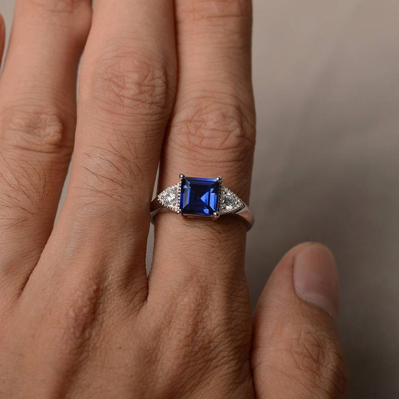 2.10 Ct Princess Cut Blue Sapphire & Round Cz Solitaire W/Accents Engagement Ring In 925 Sterling Silver