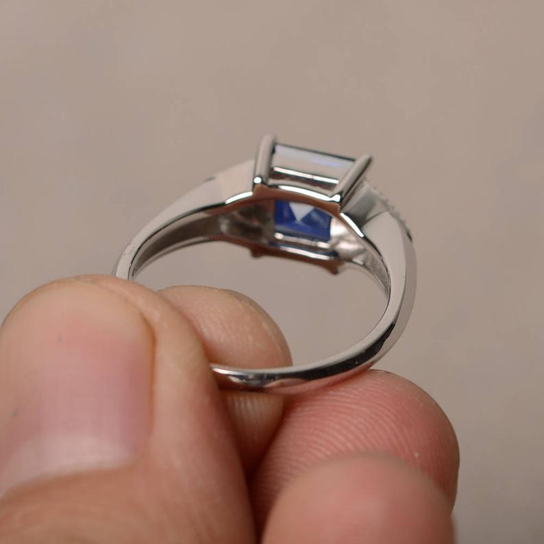 2.10 Ct Princess Cut Blue Sapphire & Round Cz Solitaire W/Accents Engagement Ring In 925 Sterling Silver