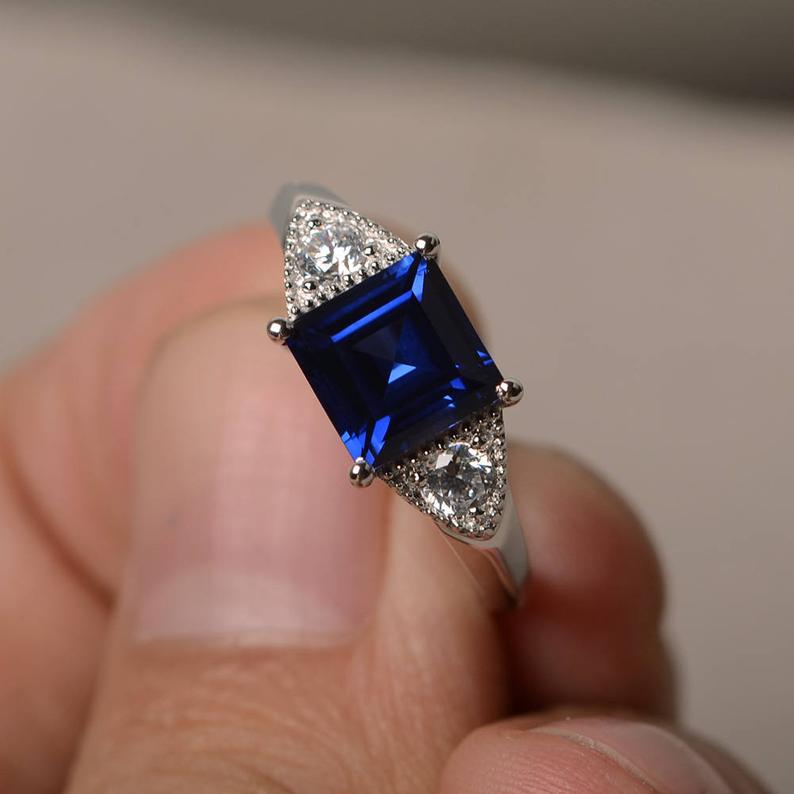 2.10 Ct Princess Cut Blue Sapphire & Round Cz Solitaire W/Accents Engagement Ring In 925 Sterling Silver