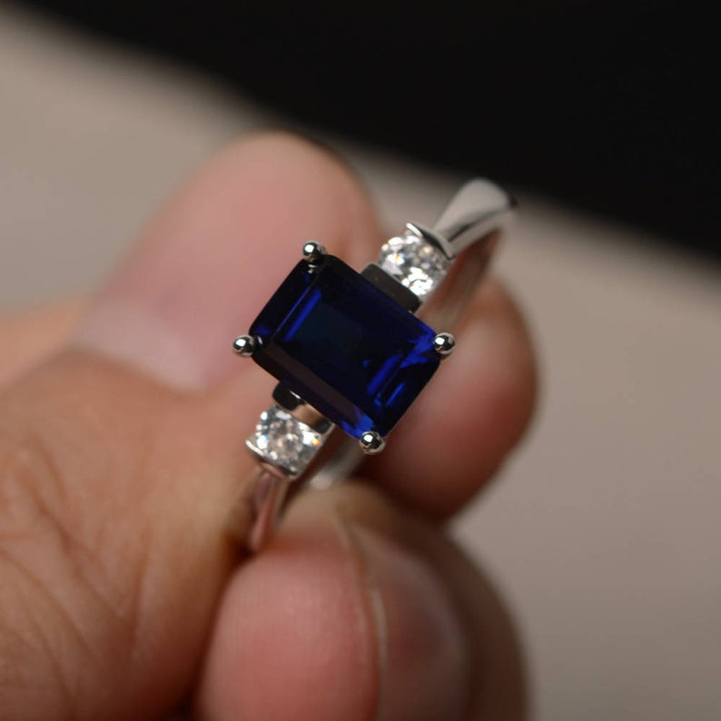 2 Ct Emerald Cut Blue Sapphire & Round Diamond Three-Stone Promise Ring In 925 Sterling Silver