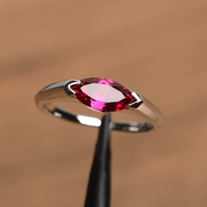 1.00 Ct Marquise Cut Pink Ruby Solitaire July Birthstone Ring In 925 Sterling Silver