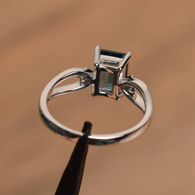 1.20 Ct Emerald Cut London Blue Topaz 925 Sterling Silver Three-Stone Promise Ring