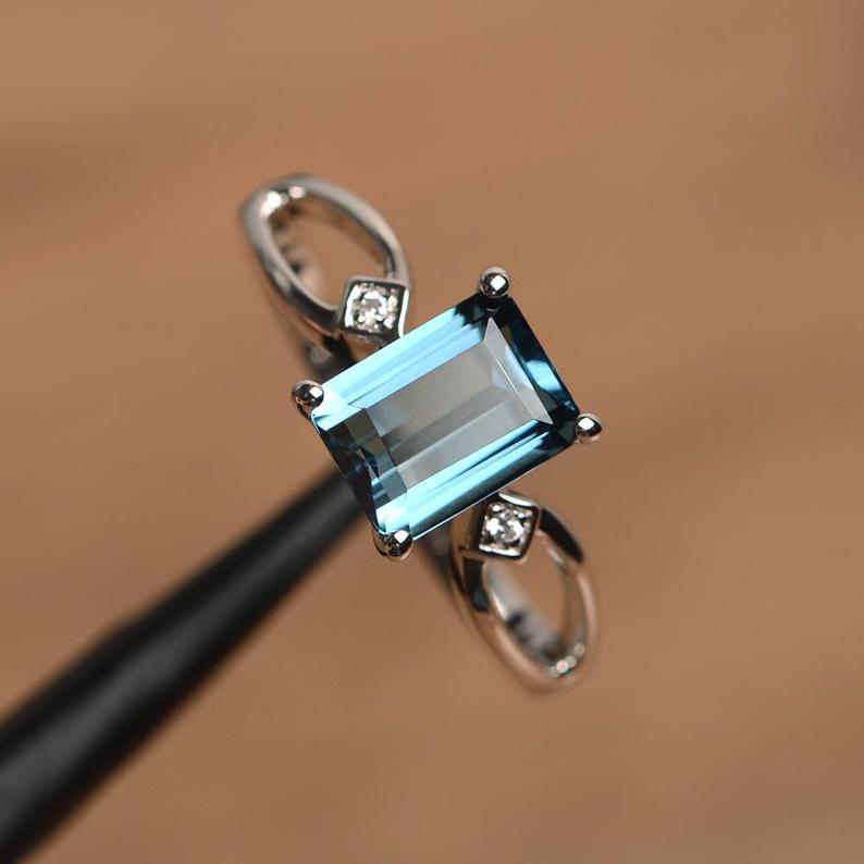 1.20 Ct Emerald Cut London Blue Topaz 925 Sterling Silver Three-Stone Promise Ring
