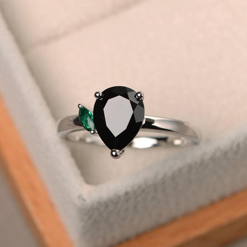 1.20 Ct Pear Cut Black Diamond & Green Emerald Two-Stone Anniversary Gift Ring In 925 Sterling Silver
