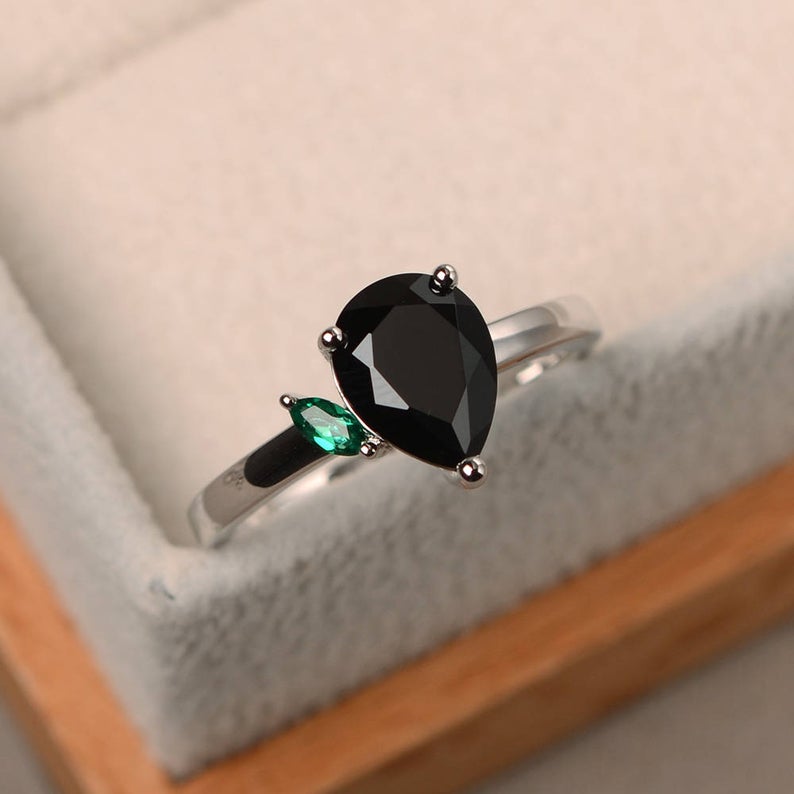 1.20 Ct Pear Cut Black Diamond & Green Emerald Two-Stone Anniversary Gift Ring In 925 Sterling Silver