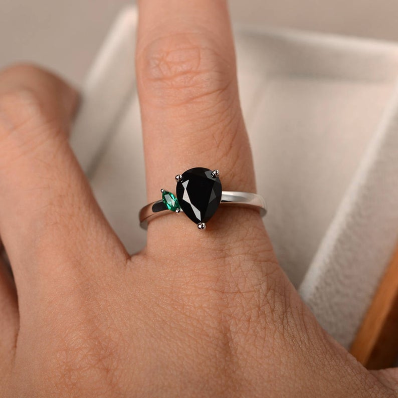 1.20 Ct Pear Cut Black Diamond & Green Emerald Two-Stone Anniversary Gift Ring In 925 Sterling Silver