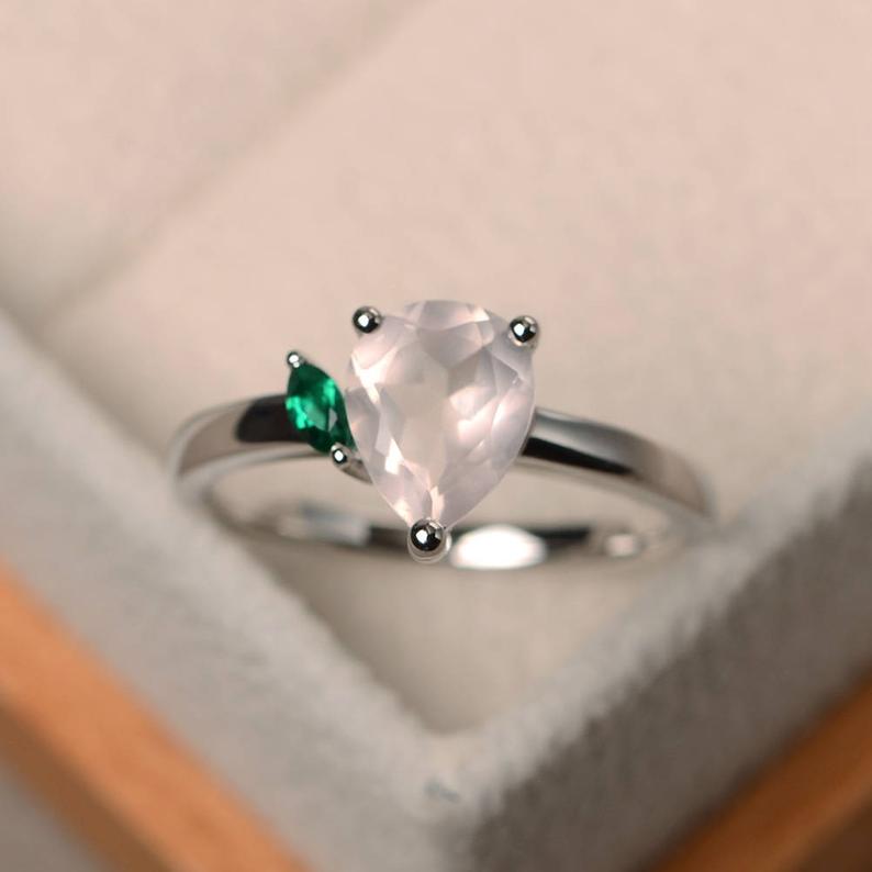 1.20 Ct Pear Cut Rose Quartz & Green Marquise 925 Sterling Silver Two-Stone Promise Ring