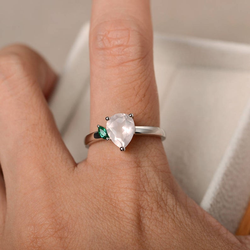1.20 Ct Pear Cut Rose Quartz & Green Marquise 925 Sterling Silver Two-Stone Promise Ring