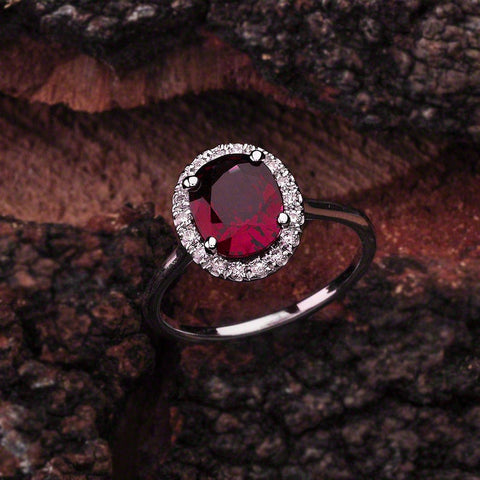 Halo Engagement Ring Oval Cut Red Garnet Diamond 925 Sterling Silver
