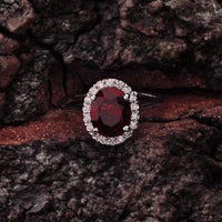 Halo Engagement Ring Oval Cut Red Garnet Diamond 925 Sterling Silver