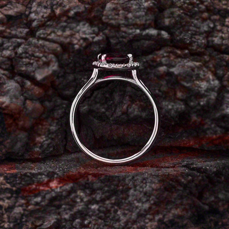 Halo Engagement Ring Oval Cut Red Garnet Diamond 925 Sterling Silver