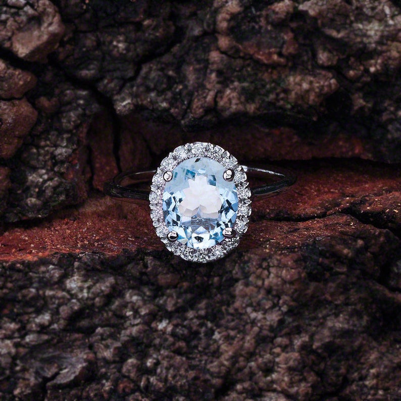 2 CT Oval Cut Aquamarine Diamond 925 Sterling Silver Halo Engagement Ring