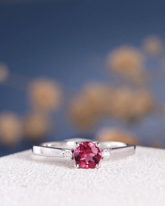 1.20 Ct Round Cut Pink Tourmaline & White CZ Three-Stone Promise Ring In 925 Sterling Silver