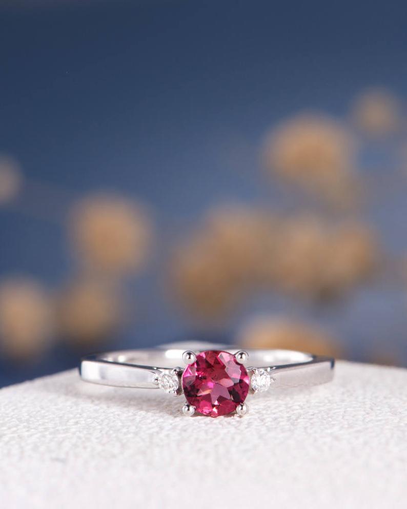 1.20 Ct Round Cut Pink Tourmaline & White CZ Three-Stone Promise Ring In 925 Sterling Silver